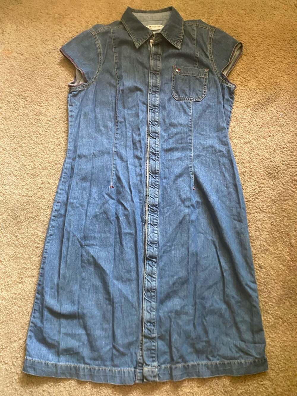 Tommy Hilfiger Denim Dress Size 14 Blue Cotton Short Sleeve Snap Front